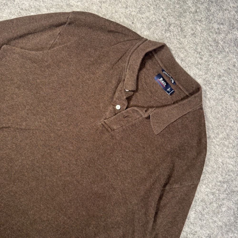 Bass GH Bass Mens Large Brown Long Sleeve Premium Polo Shirt Cotton‎ Ribbed Knit